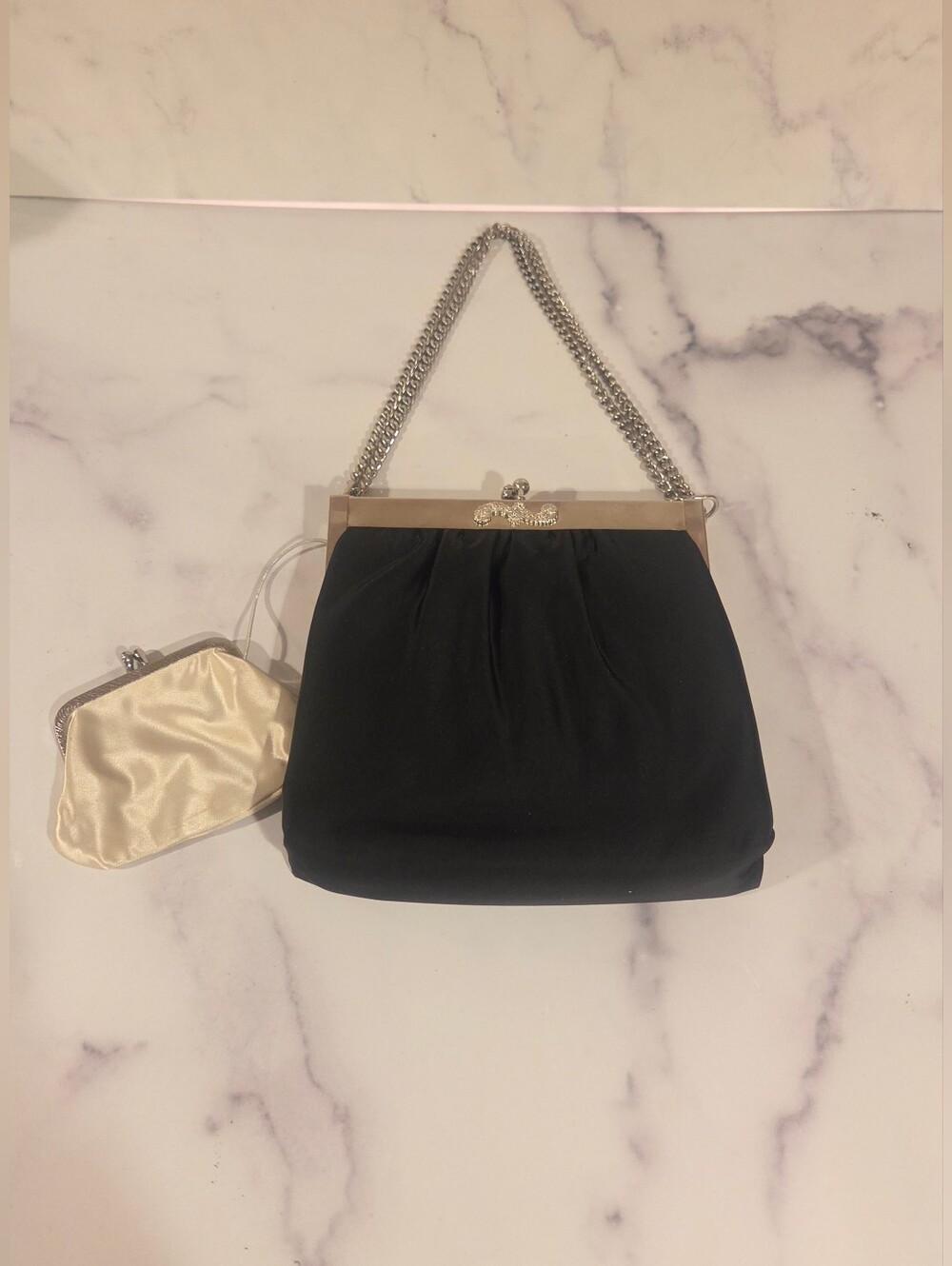 Vintage black satin evening bag with attached coinpurse